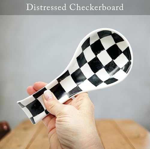 BIEN BEAU Ceramic Spoon Rest, Checkered Utensil Holder, Black White