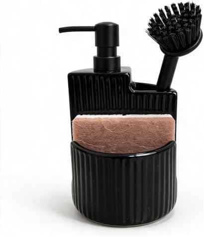 RQYIXI 3-in-1 Ceramic Round Soap Dispenser with Sponge Holder,Black,18