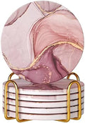 Absorbent Pink Marble Ceramic Coasters for Drinks with Gold Holder and