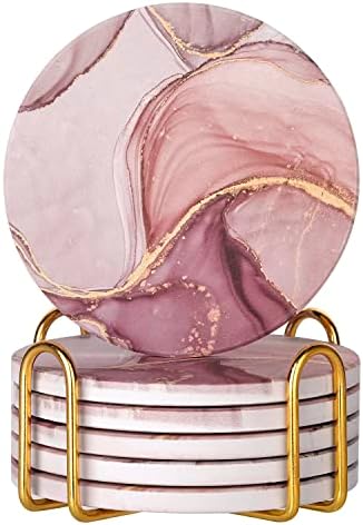 Absorbent Pink Marble Ceramic Coasters for Drinks with Gold Holder and