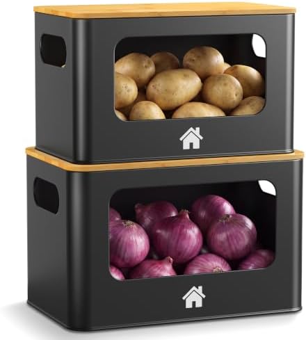 Metal Potato and Onion Storage Bin with Bamboo Lids - Pantry