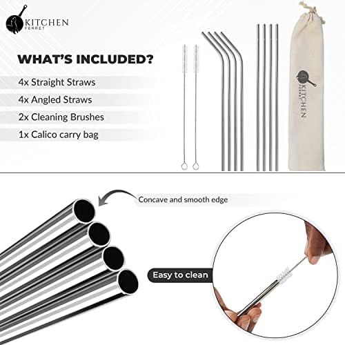Set of 8 Reusable Stainless Steel Metal Drinking straws with x2