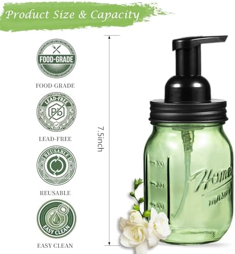 Amolliar 16OZ Green Glass Mason Jar Foaming Soap Dispenser, Black