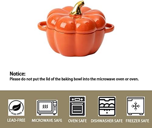 Pumpkin Bowl Set with Lid and Handle, Set of 2 Ceramic Ramekins for Baking, Casserole Dish Individual Severing Pot, Stoneware, Oven Safe, 14 Oz (Orange)