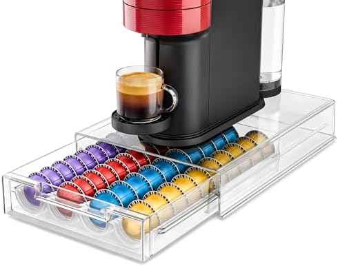 EVERIE Coffee Pod Holder Drawer Compatible with Nespresso VertuoLine Capsules, Clear PC Coffee Pod Organizer for Countertop, Flexible Slot Capsule Storage Drawer for 1.35 oz to 7.77 oz Pods