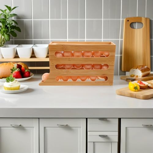 Rolling Egg Dispenser for Refrigerator, 4 Tier Wooden Egg Holder