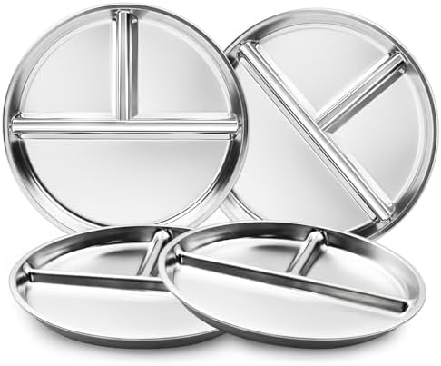 Bakpoco Stainless Steel Kids Plates Set of 4, 9" Portion Control