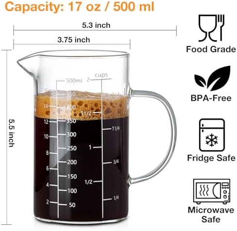 500ML 2 CUP Glass Liquid Measuring Cup With Handle, High Borosilicate
