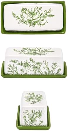 Bico Green Garden Toile Ceramic Butter Dish with Lid, Wide Butter
