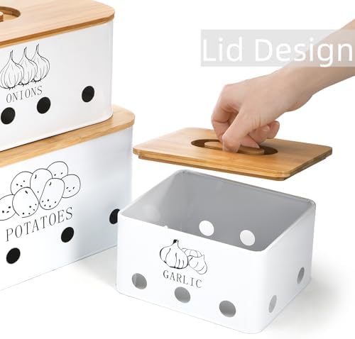 3 Pack Potato Onion Garlic Storage Set, Bamboo Lids