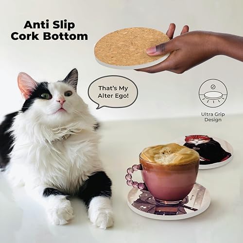 Ninja Cat Coasters Set of 6 - Cat Gifts for Men Anime Decor, Funny