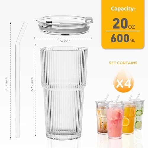 Wells 20oz Glass Cups with Lids and Straws, Ribbed Iced Coffee Cups
