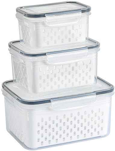 3 PCS Fruit Storage Containers for Fridge with Removable Colander