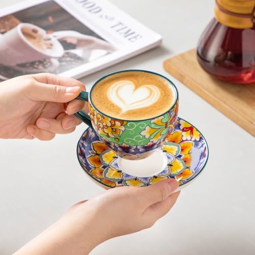 vancasso 8 Oz Cappuccino Cups, Porcelain Tea Cups and Saucers Set of 6