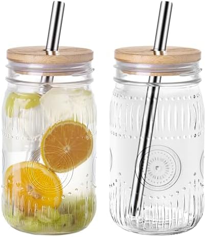 Amzcku 32oz vintage Mason Jars with Bamboo Lids and Stainless Steel