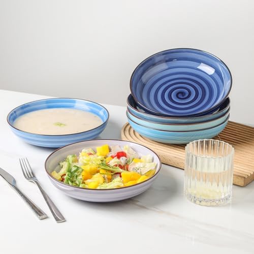KitchenTour Large Pasta Bowls, 34 Ounce Ceramic Salad Bowl Plates, Set