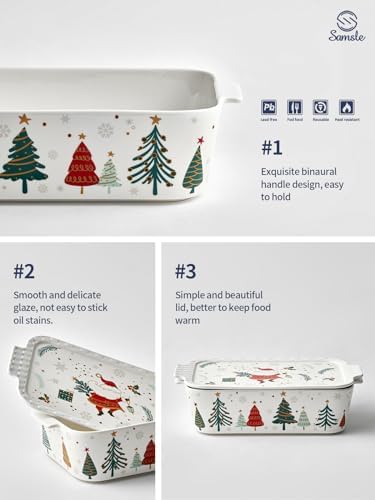 Samsle Ceramic Baking Dish with Lid, 76 oz Casserole Pan, White