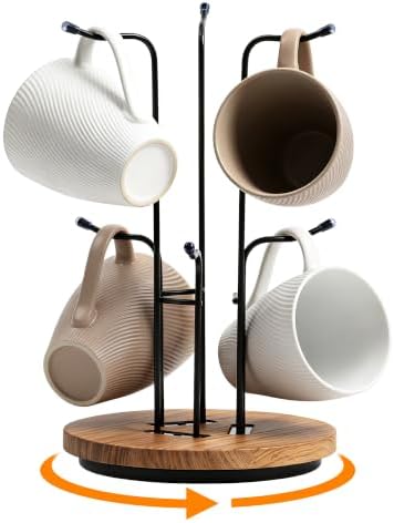 360° Rotating Coffee Mug Tree for Counter, Mug Holder with Wooden Base