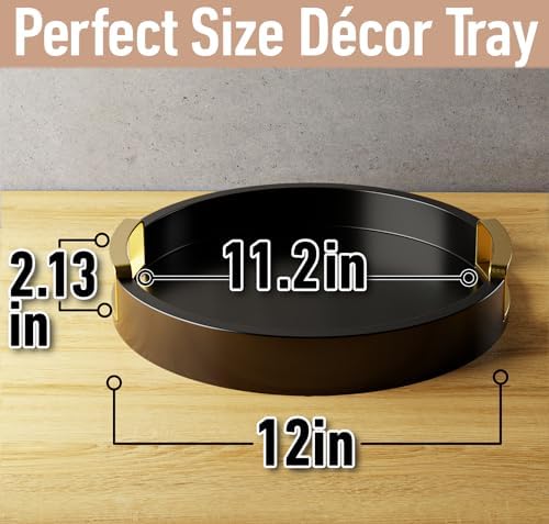 Round Decorative Tray, 12" Wooden Round Black Tray with Gold Metal