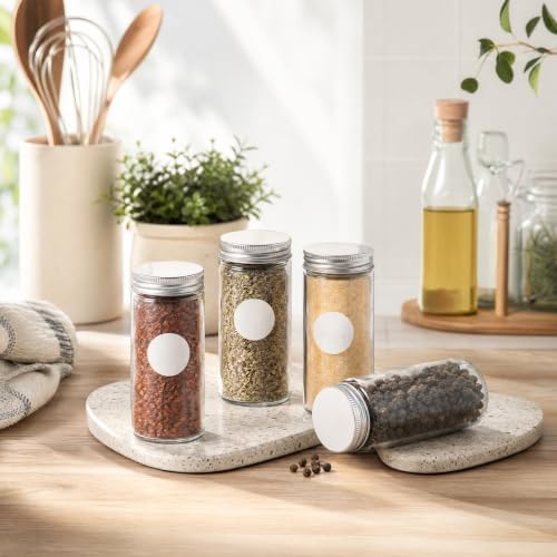 Tebery 12 Pack Round Spice Bottles 3oz Glass Spice Jars with Silver