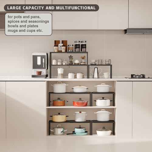 Magheo Expandable Kitchen Countertop Organizer, 2 Pack Stackable Cabinet Shelf Risers, Metal Spice Rack Heavy Duty Counter Organizer Storage for Kitchen, Pantry, Cupboard, Rv (8.7in Height,Black)