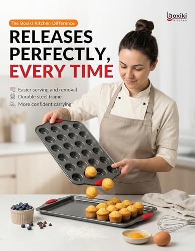 Boxiki Kitchen 24 Cup Mini Muffin Pan with Silicone Handles