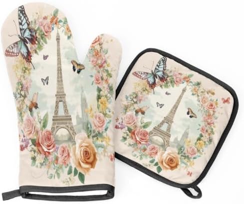 Paris Eiffel Towel Butterfly Rose Oven Mitts and Pot Holders BBQ