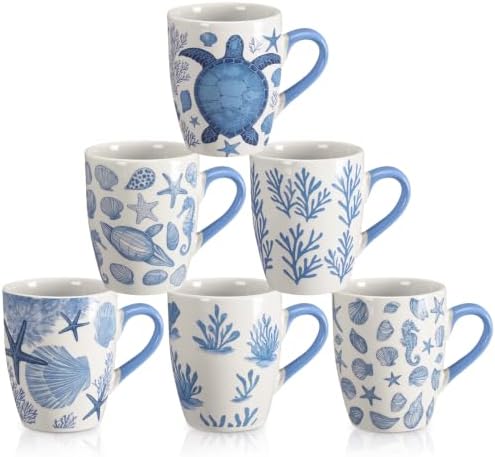 Qinyoung 6 Pcs Coastal Coffee Mugs Set 12oz Beach Ceramic Cups with