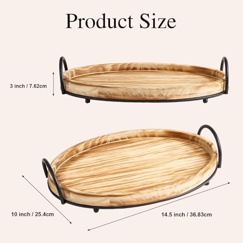 14.5" x 10" Round Wood Serving Tray with Metal Handles