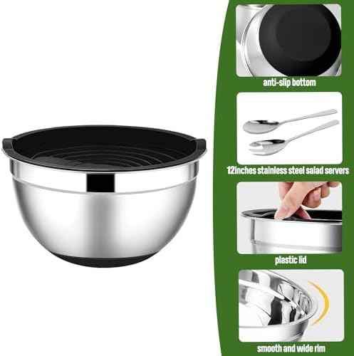 ShineMe Stainless Steel Salad Bowl with Lid, Extra Large Metal Bowl with Serving Utensils for Preparing, Mixing, Marinating, and Serving with Anti-slip Bottom, Unbreakable Kitchen Bowls 7QT