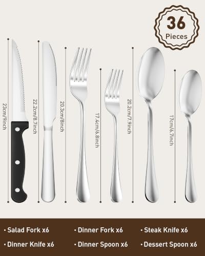 Quatish 36 Piece Silverware Set with Steak Knives, Cutlery Utensil