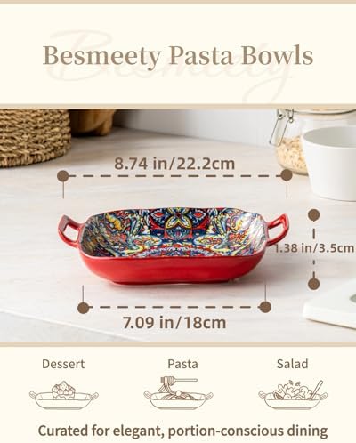 Besmeety Square Pasta Bowls with Handle, Boho Salad Serving Bowls Set of 2, Ceramic 7.09" Pasta Plates for Housewarming Present, Party (Green+Red)