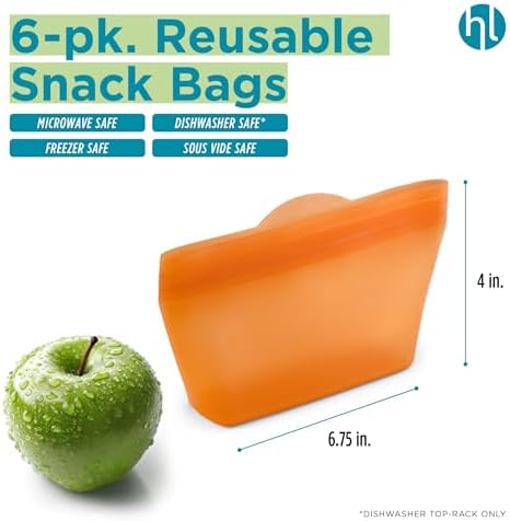 Home Logic Reusable Snack Bags - Set of 6 Firecracker Orange Silicone