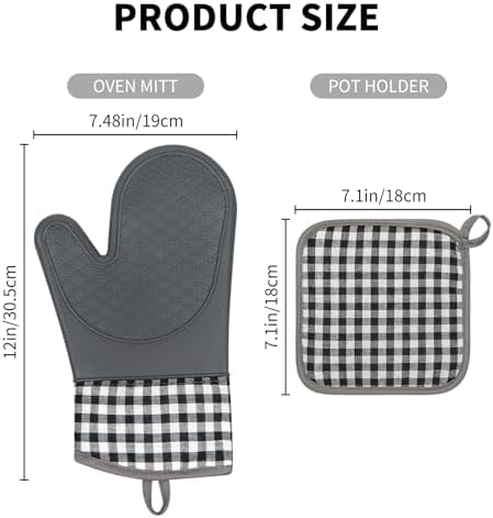 Tifanso Silicone Plaid Oven Mitts & Pot Holders, 4-Piece, Grey