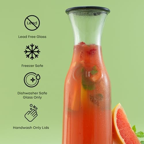 JoyJolt Glass Carafe with Lid, Set of 3 – 1 Liter Glass Pitcher for