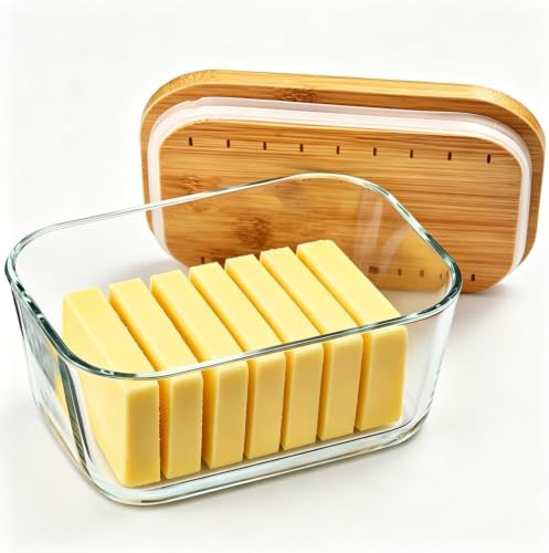 HEKEIEON Glass Butter Dish With Bamboo Sealed Lid - Large Tray for