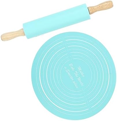 Jiawu Silicone Rolling Pin Pastry Baking Mat Set, Beech Wood (Blue)