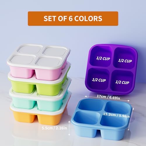 KEMETHY 6 Pcs Bento Snack Containers, Reusable 4 Compartment Food
