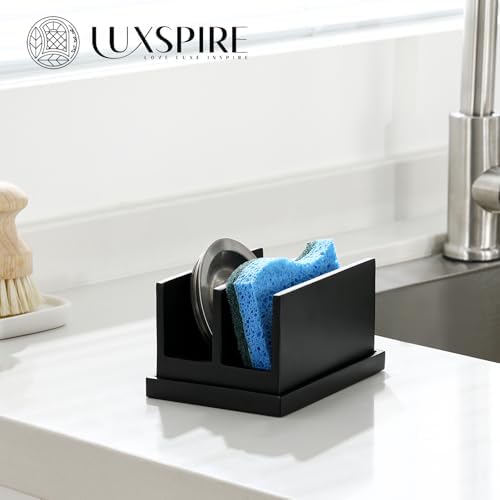 Luxspire Kitchen Sponge Holder with Drain Tray, Matte Black