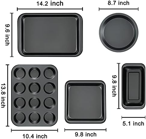 mobzio Kitchen 5-Piece Nonstick Bakeware Set - Round/Square Cake Pans, Muffin Pan, Loaf Pan, Roast Pan & Baking Sheets