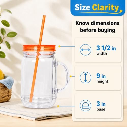 Plastic Mason Jars with Handles, Lids and Straws | 20 oz Double