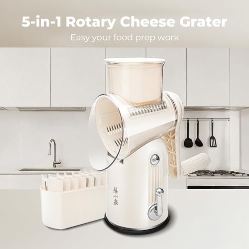 5 in 1 Beige Rotary Cheese Grater with 5 Stainless Steel Blades