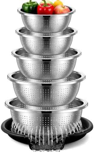 Hushee 5 Pcs Stainless Steel Colander Set with Self-draining Base, 5 Size