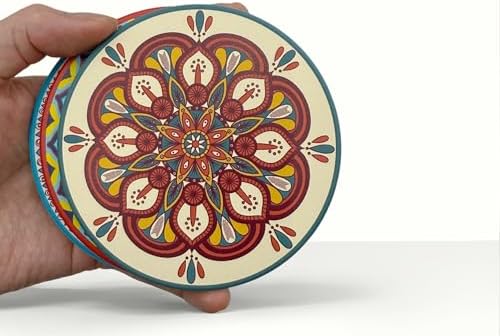 Mandala 4 Inches Round Absorbent Ceramic Coasters Set of 8, Cork Base