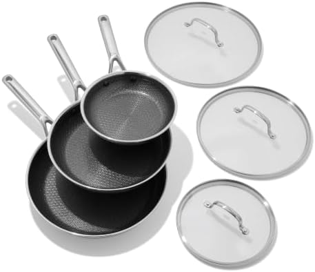 OXO Hybrid 8” 10” & 12” Frying Pan Skillet Set With Lids, PFAS-Free Ceramic Nonstick, Fusion Boost Tech, Powerful Searing, Induction & All Cooktop Compatible, Dishwasher Safe, Mirror Polished Tri-Ply