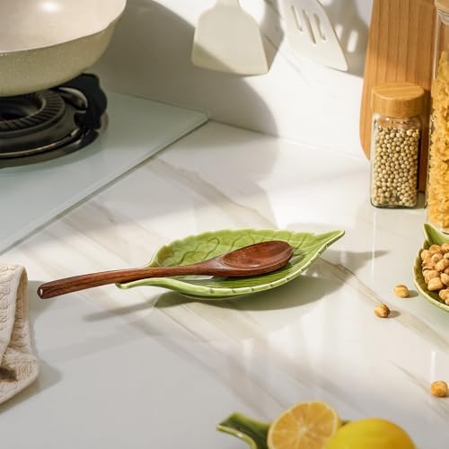 Green Ceramic Leaf Spoon Rest for Stovetop & Kitchen Counter, 1-Pack
