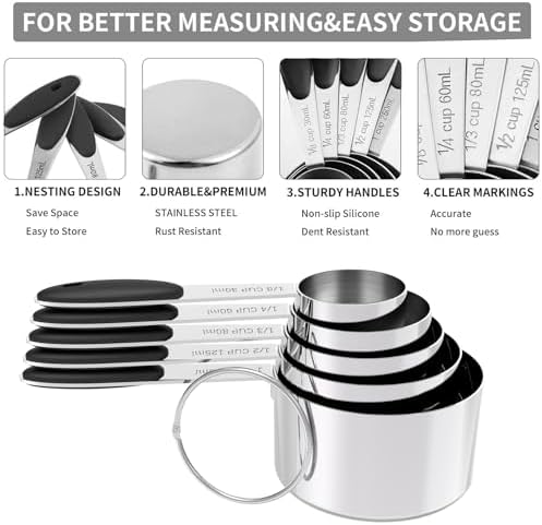 TILUCK Stainless Steel Measuring Cups and Spoons Set with Silicone