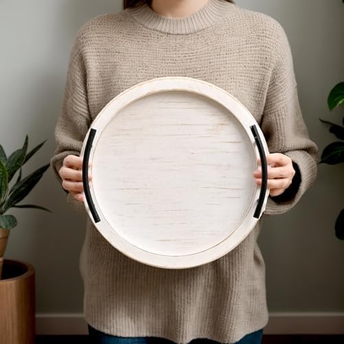 SwallowLiving White Wooden Beaded Serving Tray with Handle Decorative