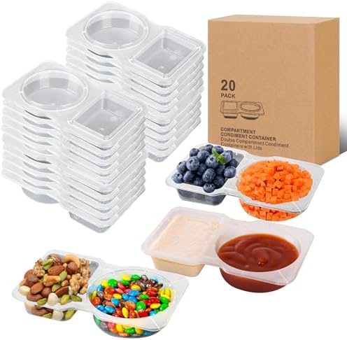 20 sets Reusable Snack Containers 2 Compartment Condiment Container