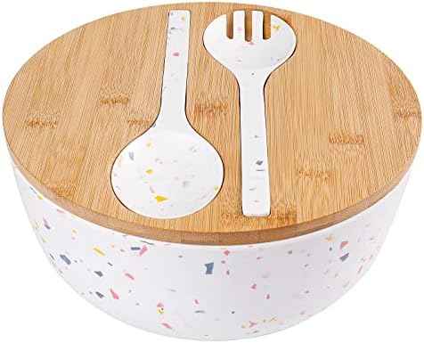 ECOWAY Melamine Salad Bowl with Bamboo Lid & Servers, Bamboo Fiber
